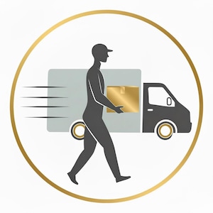 May include: A delivery icon featuring a silhouetted person carrying a gold box from a gray delivery truck. The truck has a black cab and gold wheels, set within a gold circular frame.