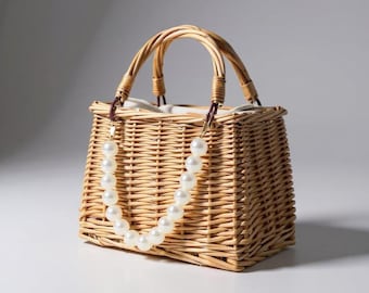 Bolso de paja tejida con perlas, bolso cuadrado con lazo, moderno bolso de playa para novias, regalo elegante para mujer.