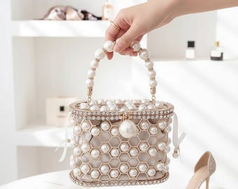 Bolso de perlas frescas, llamativo bolso de noche con cuentas de perlas en blanco roto, elegante bolso para bodas, regalo para damas de honor.