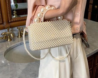 Bolso de mano con cuentas de perlas, bolso de noche de lujo hecho a mano, elegante bolso de moda para mujer, regalo de novia o bolso de fiesta.