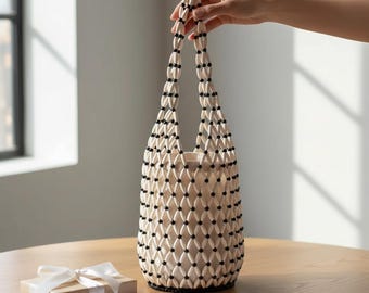 Bolso de novia minimalista con cuentas de madera, bolso de boda, bolso de novia bohemio, bolso de cubo tejido, bolso de playa único, regalo de propuesta de dama de honor