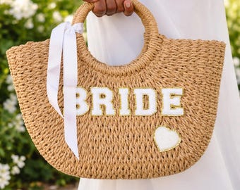 Bolso de paja para novia, bolso de playa tejido para luna de miel, despedida de soltera, regalo para fiesta, regalo para ella