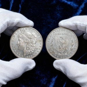 Könnte beinhalten: Zwei silberne Morgan-Dollar-Münzen, eine davon aus dem Jahr 1896, werden gezeigt. Die Vorderseite einer Münze zeigt das Profil einer Frau und die Worte "E PLURIBUS UNUM". Die Rückseite zeigt einen Adler und die Worte "ONE DOLLAR".