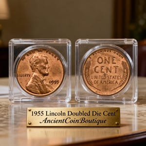 May include: Two copper 1955 Lincoln Doubled Die Cents in clear protective cases. The obverse shows Lincoln's profile and the date 1955. The reverse features "ONE CENT" and "UNITED STATES OF AMERICA". A gold-colored plaque reads "1955 Lincoln Doubled Die Cent AncientCoin Boutique."