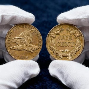Könnte beinhalten: Zwei antike, goldfarbene Münzen werden von behandschuhten Händen gehalten. Eine Münze zeigt einen Adler mit dem Text "UNITED STATES OF AMERICA" und dem Datum "1856". Die andere Münze trägt die Aufschrift "ONE CENT", umgeben von einem Kranz.