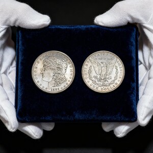 Könnte beinhalten: Zwei silberne Morgan-Dollar-Münzen, präsentiert auf einer dunkelblauen Samtoberfläche. Die Münzen von 1881 zeigen detaillierte Gravuren eines Frauenprofils und eines Adlers. Die Münzen werden von behandschuhten Händen gehalten.