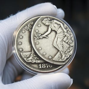 Może przedstawiać: Srebrzysta moneta zamknięta w przezroczystej, okrągłej kapsule ochronnej. Moneta przedstawia relief stojącej postaci w szatach, trzymającej gałązkę, z wyraźnie widocznym rokiem 1876 oraz napisem IN GOD WE TRUST i LIBERTY.