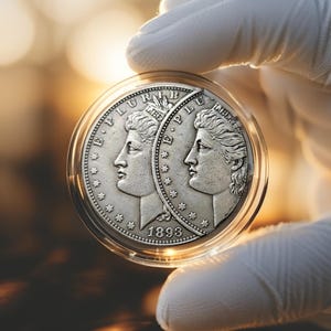 Puede incluir: Dos monedas de plata en una funda protectora transparente. Cada moneda presenta un perfil de mujer y la inscripción "LIBERTY" y "E PLURIBUS UNUM". El año "1893" es visible en una moneda.