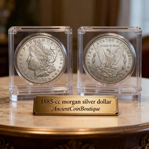 May include: Two silver Morgan dollar coins in clear protective cases. The coins are displayed with a gold-colored plaque that reads "1885-cc morgan silver dollar AncientCoinBoutique". The coins are in excellent condition.