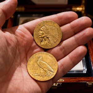 Puede incluir: Dos monedas de oro se sostienen en una mano. La moneda superior presenta un perfil de un nativo americano con un tocado y la palabra "LIBERTY". La moneda inferior muestra un águila y las palabras "UNITED STATES OF AMERICA" y "2 1/2 DOLLARS".