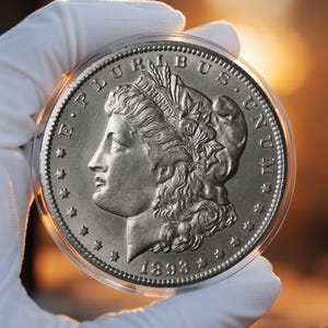 Op de afbeelding: Een zilveren Morgan dollar munt uit 1893, gehouden in een doorzichtige beschermhoes. De munt toont een profiel van een vrouw en de inscriptie "E PLURIBUS UNUM". De munt is rond en heeft een gedetailleerd ontwerp.