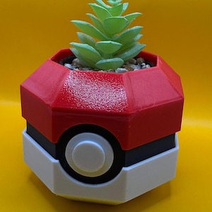 May include: A red, black, and white geometric planter shaped like a Poké Ball, holding a small green succulent. The planter has a circular design on the front and is filled with small pebbles.
