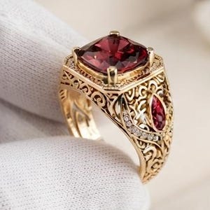 Handmade Turkish Men's Ring with Ruby,14KGoldPlated EthnicStyle Statement Ring,Ottoman StyleJewelry,UniqueGift for Husband thanskgving gift