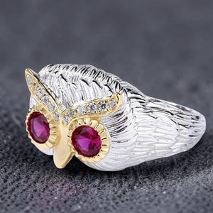 Owl Ring, Silver Owl Ring,Ruby Ring,Artistic Ring,Ruby Eyes,Natural Ruby,January Birthstone,Solid Silver Ring,Wisdom Ring,thanksgiving gift