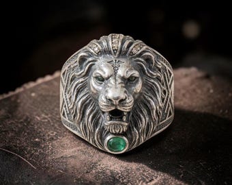 Sterling Silber Löwenkopf Ring, Smaragd Grün Stein, Gotischer SchmuckVintage Gotik Schmuck, Tier König Ring, Geschenk für Ihn