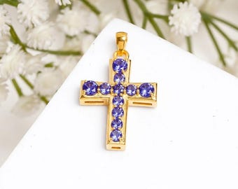 Natürliche runde Tansanit Kreuz Anhänger Halskette aus Silber mit Gelbgold für Frauen, Dezember Geburtsstein