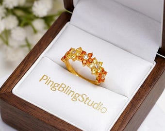 Edelsteenring met bloemen, peridoot en oranje bloemenband, 14k vergulde sterlingzilveren ring, sierlijke stapelring, door de natuur geïnspireerde sieraden voor haar