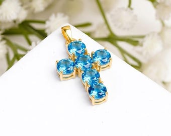 925 Sterling Silber CROSS Anhänger, natürliche runde Blautopas Edelstein Schmuck Geschenk für Frauen, Silber Schmuck Geschenk für Jubiläum, feines Kreuz