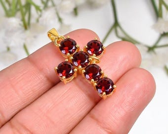 Roter Granat Kreuz Anhänger, 14k vergoldete Sterling Silber Kreuz Halskette, natürlicher Granat Schmuck, christlicher Glaube Geschenk für sie
