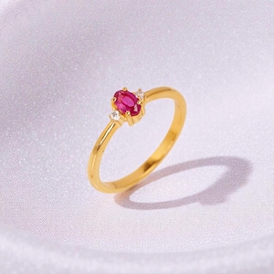 14K Yellow Gold Ruby Engagement Ring, Oval Red Gemstone Ring, Diamond Halo Ring, Minimal Vintage Jewelry(10kt ,9kt ,14k gold )