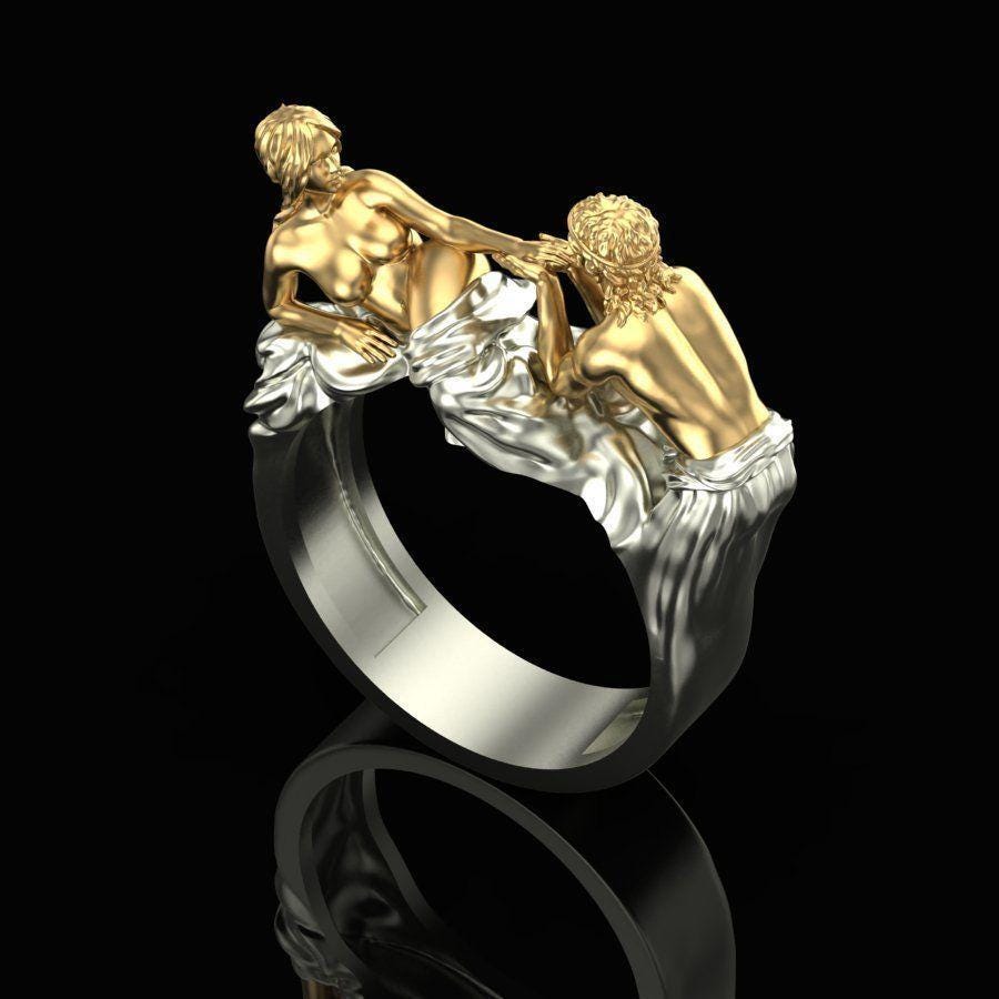 Lovers Embrace Ring 925 Sterling Silver 14K Gold Vermeil Renaissance Art Statement Band Couple Gift,thanksgiving gfit