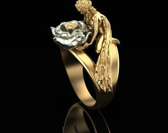 Goldfee Ring mit silberner Blume, Liebe ist Liebe Ring Sterlingsilber 925, Herren Paar Umarmung Band Pride Statement Ring, handgefertigter Liebesring