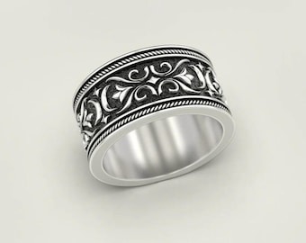 Vintage Silber filigrane Ring für Männer und Frauen, antiker Stil Muster Band, oxidiertem Sterling Silber Ehering, Unisex Gothic Schmuck