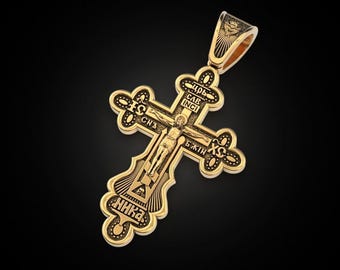 Russisch-Orthodoxer Kreuzanhänger, Goldkruzifix-Halskette, christlicher religiöser Schmuck, katholischer Glaube Geschenk, Jesus Kreuz Anhänger