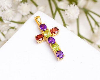 Natürliche Multi Stein Anhänger Halskette, 925 Sterling Silber, Heilige Kreuz Anhänger, Anhänger, Charm Anhänger, Weihnachtsgeschenk, Geschenk für sie