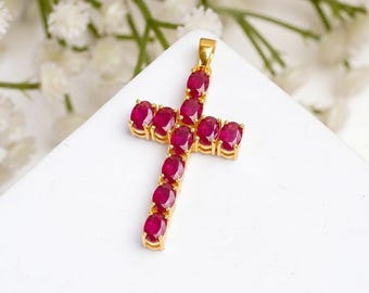 Natural Ruby Pendant, 925 Sterling Silver,Cross Pendant, July Birthstone, Ruby Jewelry, Charm Pendant, Wedding Pendant, Gift For Her