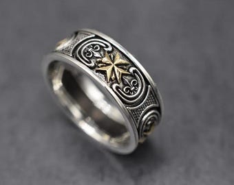 Malteser Kreuz Sterling Silber Ring für Männer, Tempelritter Kreuzritter Band, Fleur de Lis Siegelring Mittelalter Schmuck Geschenk