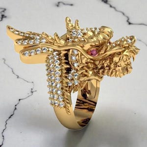 Anillo de dragón de 14 quilates - Anillo con cabeza de dragón - Anillo de dragón chino - Anillo de piedra - Anillos unisex, Anillo de dragón - Anillo con cabeza de dragón - Anillo de dragón chino - Anillos unisex