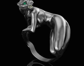 Black Panther Ring with Green Eyes Gothic Animal Statement Ring,Panther Ring Black Gold Emerald Eyes Big Cat Jewelry Saint Patrick's Day