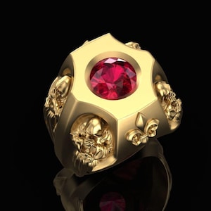 Medieval Knight Ruby Ring, Gothic Warrior Signet Ring, Fleur De Lis Ring, Men's Statement Ring, Red Gemstone Ring, Fantasy Jewelry Gift