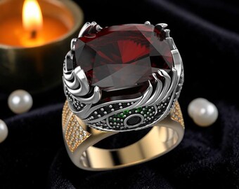 18k vergoldet Roter Edelstein Herrenring - Gothic Evil Eye Statement Ring, Gold Silber Luxus Band für Ihn massiver Silberring