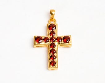 Roter Granat Sterling Silber Kreuz Anhänger Halskette, runder Stein - Fine Jewelry Geschenk - Brautjungfern -Edelstein Anhänger - Birthstone Geschenk