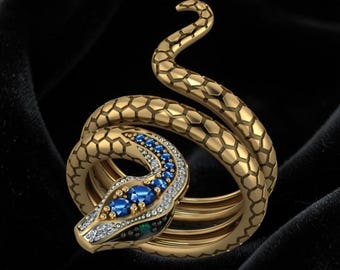 Schlangen Offener Ring 925 Sterling Silber | Gothic Schlangenkopf Ring mit natürlichen Blauen Augen | Einstellbar Unisex Schmuck | Antiallergischer Silberring