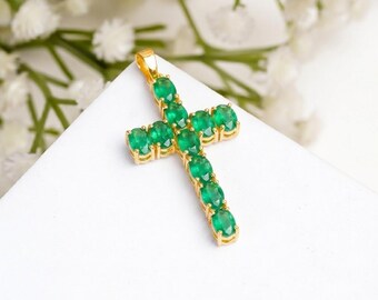 Natural Emerald Cross Pendant, 14k Gold Plated Emerald Necklace, May Birthstone Jewelry, Dainty Christian Cross Charm, Faith Gift For Her
