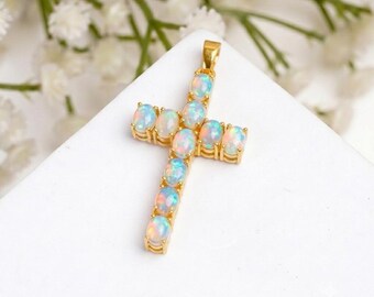 Natural Ethiopian Welo Cabochon Opal, Cross Pendant Necklace, 925 Sterling Silver, Rainbow Fire Opal, October Birthstones, Gift For Her