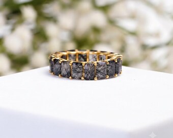 Emerald geslepen zwarte kwarts rutilated verlovingsring vintage unieke geelgouden verlovingsring volledige band voor vrouwen trouwring