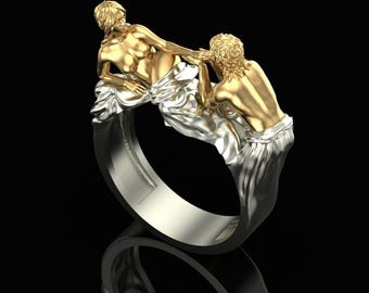 Liebhaber Umarmung Ring 925 Sterling Silber 14K Vergoldung Renaissance Kunst Statement Band Paar Geschenk
