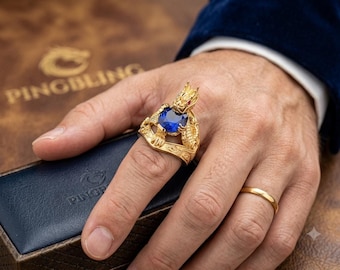 14K Gold überzogener Herrendrachenring, Saphirkristall-Statement-Ring, komplizierter geflügelter Drache-Schmuck, einzigartiger Fantasy-Ring, Jahrestagsgeschenk