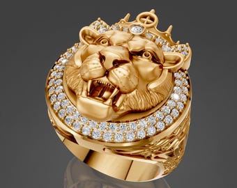 18k Gold Gold Löwenkopf Ring mit Krone - Royal King Lion Ring, Diamant Hip Hop Statement Ring, Luxusschmuck für Herren