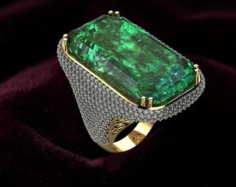 Grüner Edelsteinring mit Smaragdschliff - Statement-Cocktailring - Gold- und Diamantband - Luxus-Verlobungsring