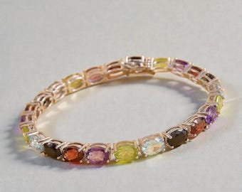 Multi Stein Armband, Natürliche Multi Stein Oval Tennis Armband in .925 Sterling Silber, Multi Farbe Edelstein, Geschenke für Sie,