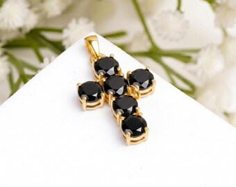 Schwarz Onyx Kreuz Anhänger, 14k Gold Anhänger Halskette, winzige 4 mm Stein religiöser Charme Weihnachtsgeschenk