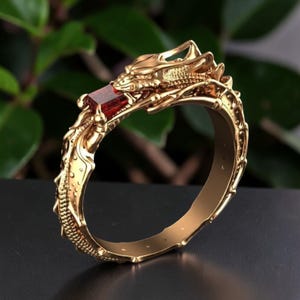 14k Golddrachenring, Schlangenmythologie-Tierschmuck, Drachenliebhaber-Rubinbandgeschenk für ihren Geburtstag, Gedenktagsgeschenk für ihn und sie