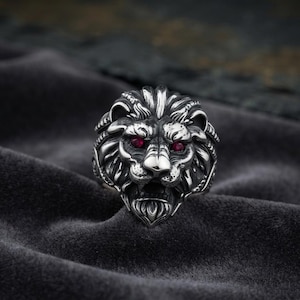 Lion Head Ring, Gothic Lion Ring, Sterling Silver Lion Ring, Ruby Eye Lion Ring, Men's Statement Ring, Biker Jewelry, Gift for Him