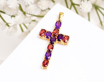 14K Gold Plated Garnet& amethyst Cross Pendant, Red Gemstone Cross Necklace, Dainty Christian Jewelry, Baptism Gift, Gift for Her, Handmade