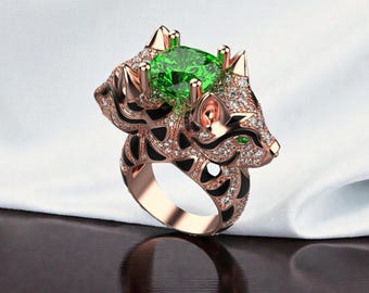 Silber Doppel Wolf Kopf Ring mit Grünem Stein,weiß mossiate Runde Gothic Statement Schmuck, Geburtstagsgeschenk für Ihn